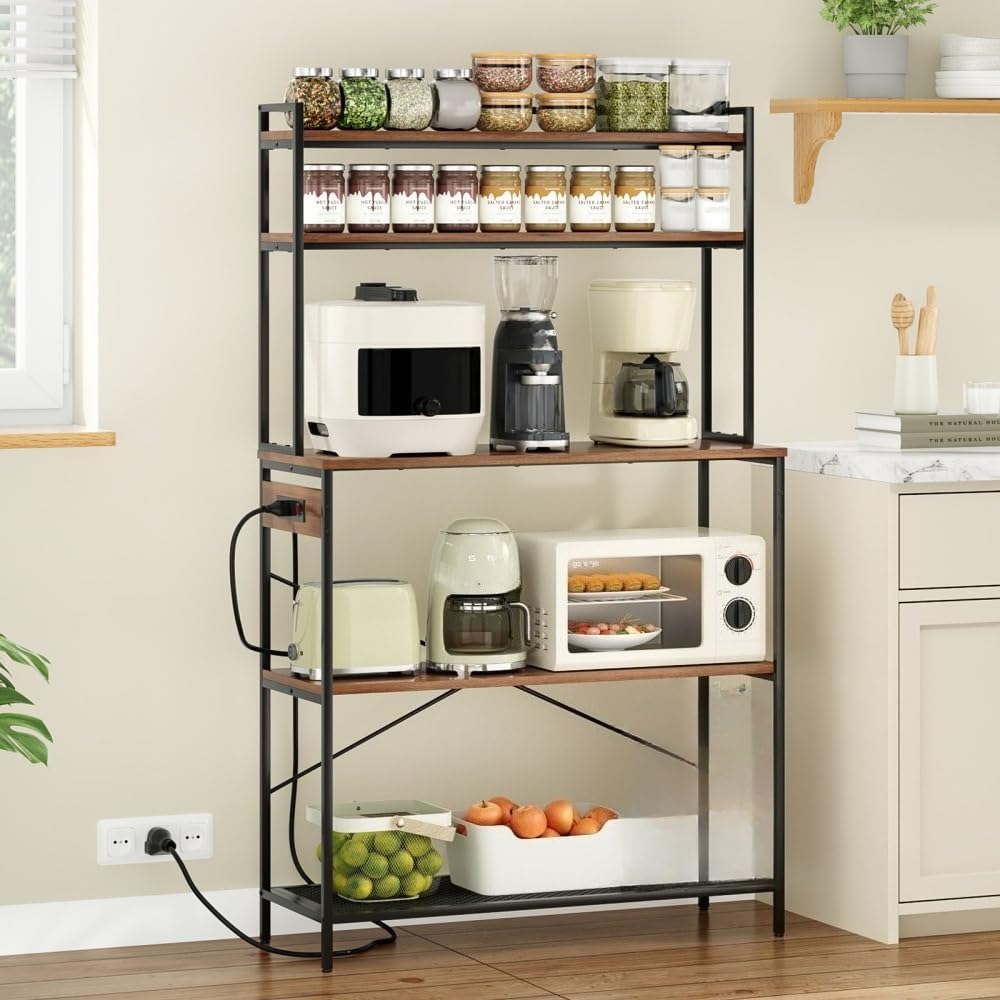 5-Tier Baker's Rack with Built-in Outlets, Microwave Stand & Coffee Station for Kitchen Organization