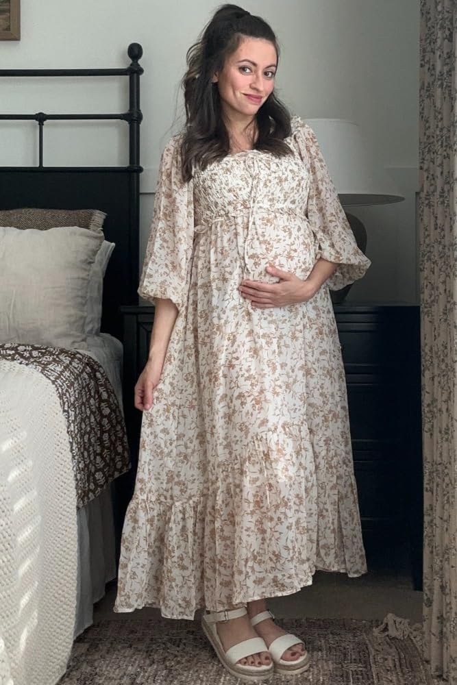 PinkBlush Floral Chiffon Ruffle Maternity Maxi Dress