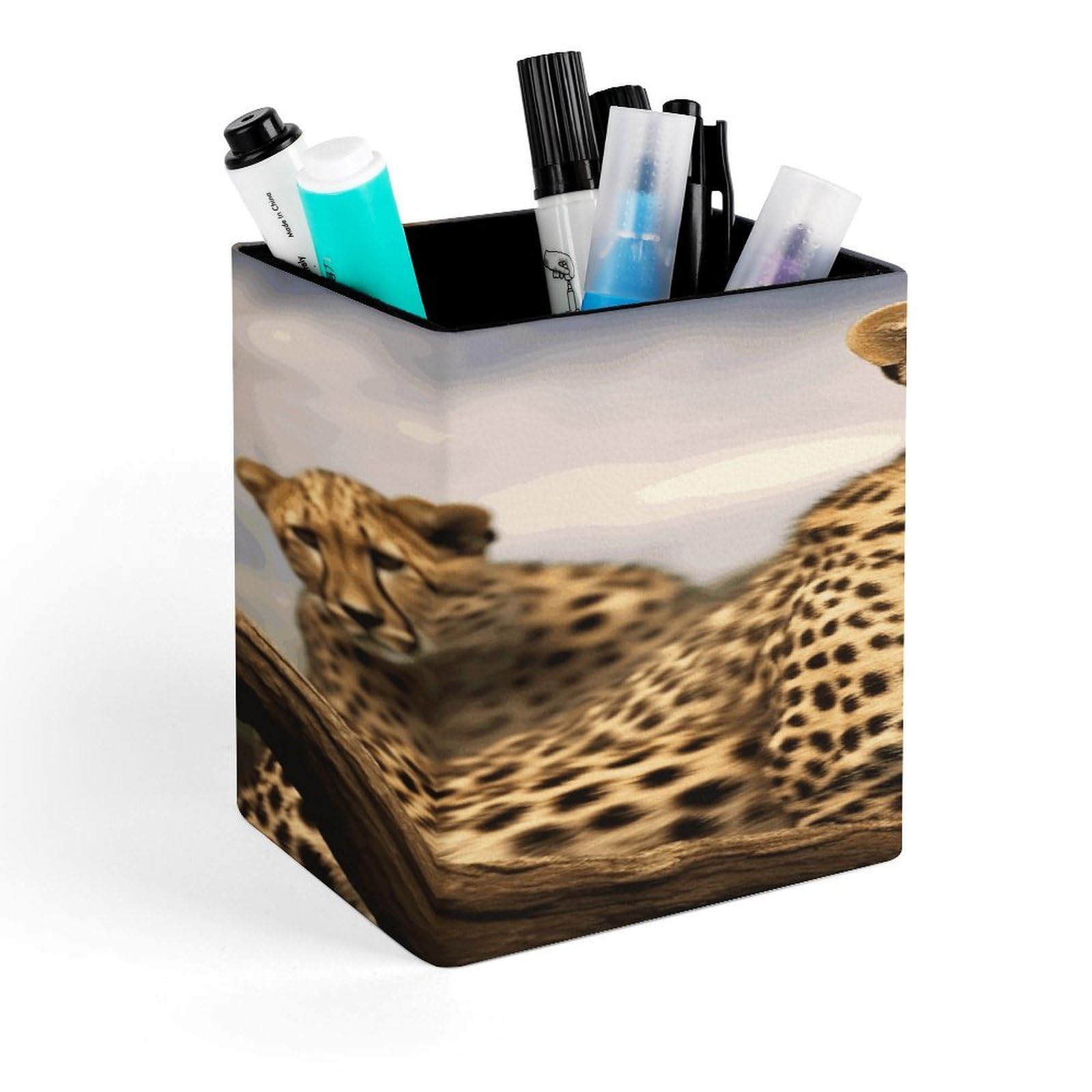 LZQPOEAS Cool Leopard Square Pen Pencil Holder PU Leather Pencil Cup Desktop Stationery Organizer Office Accessories Container