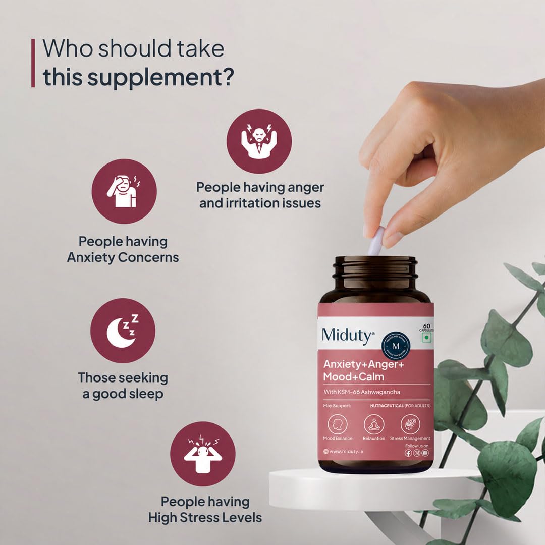 Miduty Anxiety Anger Mood Calm Supplement Helps in Happy Mood & Anti Depressant,Stress Reduce|KSM-66 Ashwagandha Root 800mg with Holy Basil Leaf Extract 200 mg,L Theanine|Non Addictive|60 Capsules — Amazon image 4