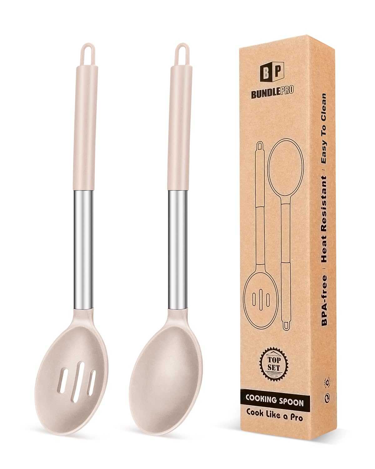 Pack of 2 Large Silicone Cooking Spoons,Non Stick Solid Basting Spoon,Heat-Resistant Kitchen Utensils for Mixing,Serving,Draining,Stirring (STAINLESS STEEL KHAKI)