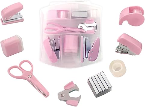 Mini Office Supply Kits Mini School Supplies Includes Mini Stapler,Scissors, Staple Remover, Staples, Tape Dispenser Pink