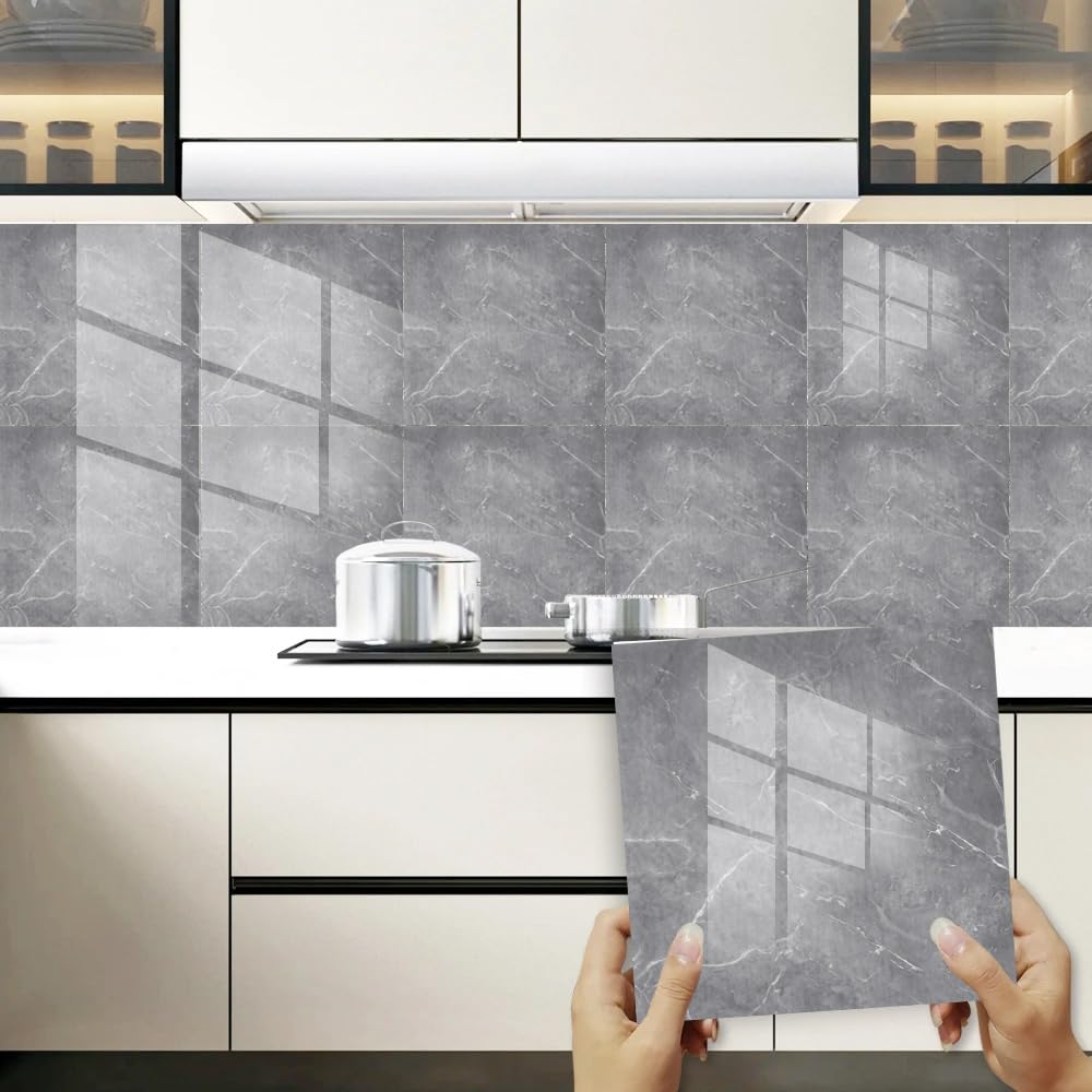 Kiteri Grey 10 Sheet Marble Tile Stickers, 30 * 30Cm Bathroom Tiles Self Adhesive Wall Tiles Stickers Pet Marble Stick On Tile Peel And Stick Backsplash For Home Kitchen Decor