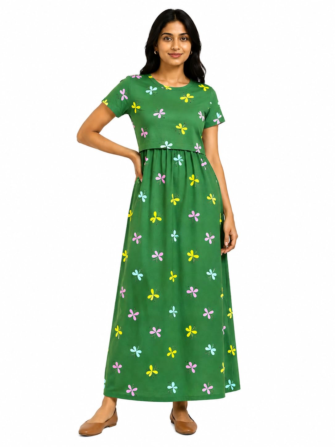 Peak Aura Women's Butterfly Print Maternity Maxi Dress | Concealed Pull-Up Feeding Access | Deep Side Pockets & Adjustable Back Drawstring Gown-image-49
