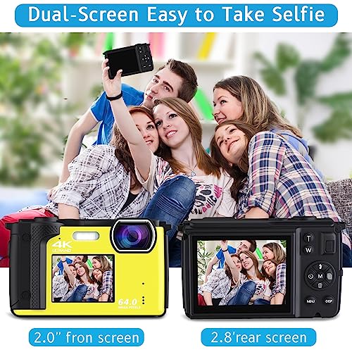 Saneen Digital Camera, 4K 64Mp Cameras For Photography, 16X Zoom Vlogging Camera For Youtube With Wifi, Selfie Dual Screens Small Compact Camera With 32Gb Sd Card,2 Batteries For Beginners - Yellow #TOP5