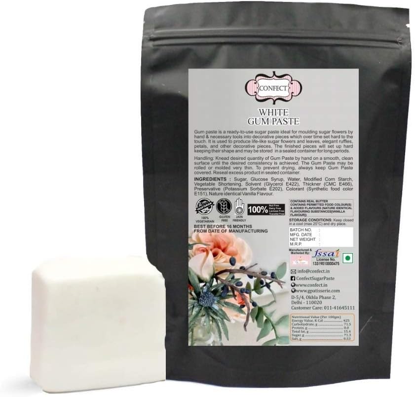 Confect Gum Paste for Cakes Fondant Chefs Choice for Cake Decorating | For Create Elegant Roses, Ruffles & Leafs Flowers | Gum Paste For Cake Decorating | White Gum Paste | Vegan, Gluten-Free, Nut-Free, Soy-Free- 1Kg