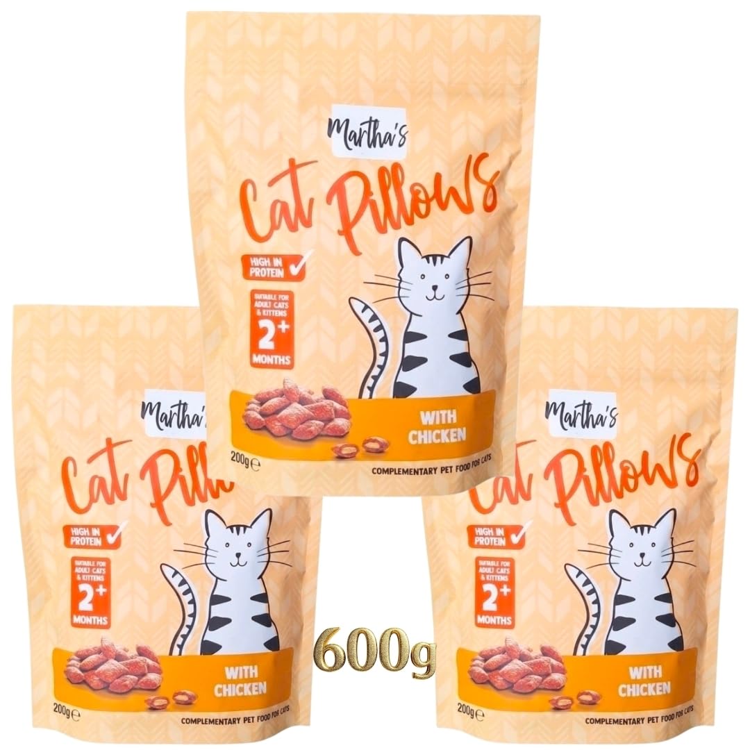 Martha's Cat Pillows Chicken High Protein Crunchy Outside Soft Center Adult Cats & Kittens 2+ Months Food Treats Biscuit 200g x3 Pack 600g