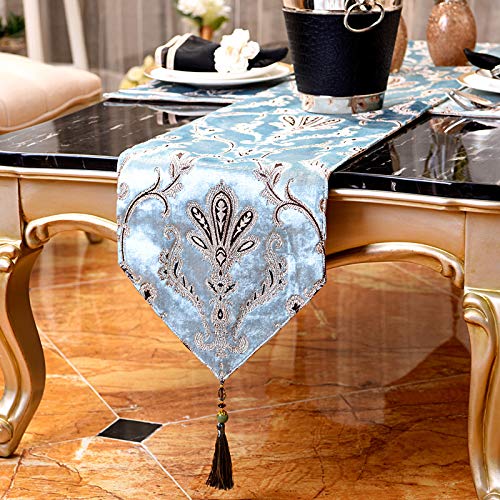 Chemin de table brodé bleu de style européen mesurant 30x180 cm