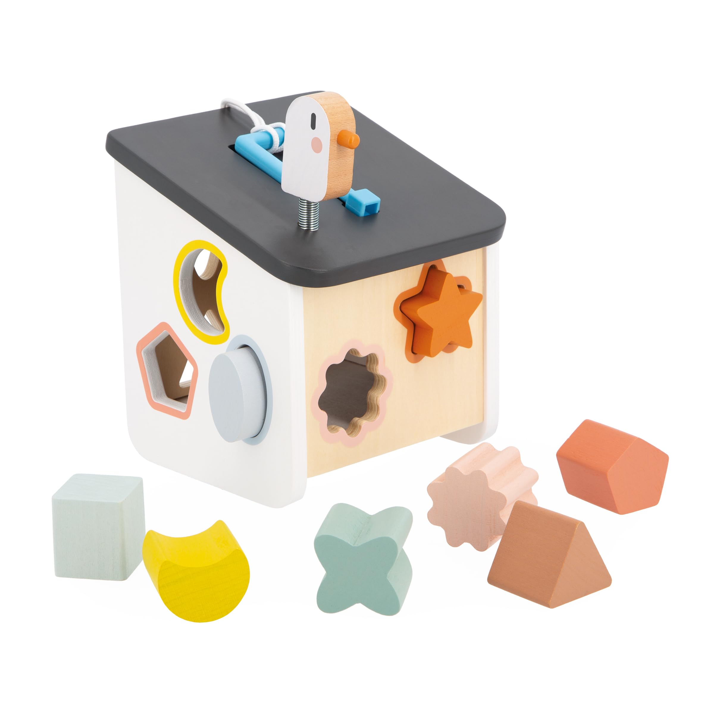 Janod, Sweet Cocoon Bird House Shape Sorter, 8 Slot-In Pieces, Early-Learning Game, Learning Shapes and Colours, FSC Wood Toy - Image 2