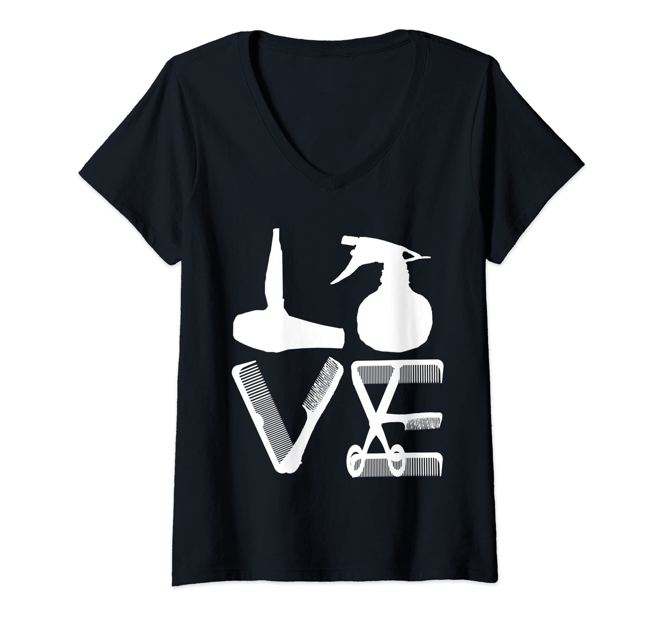 Womens Hairdresser Love Hairdryer Scissors Barber Hair Brush V-Neck T-Shirt, Black