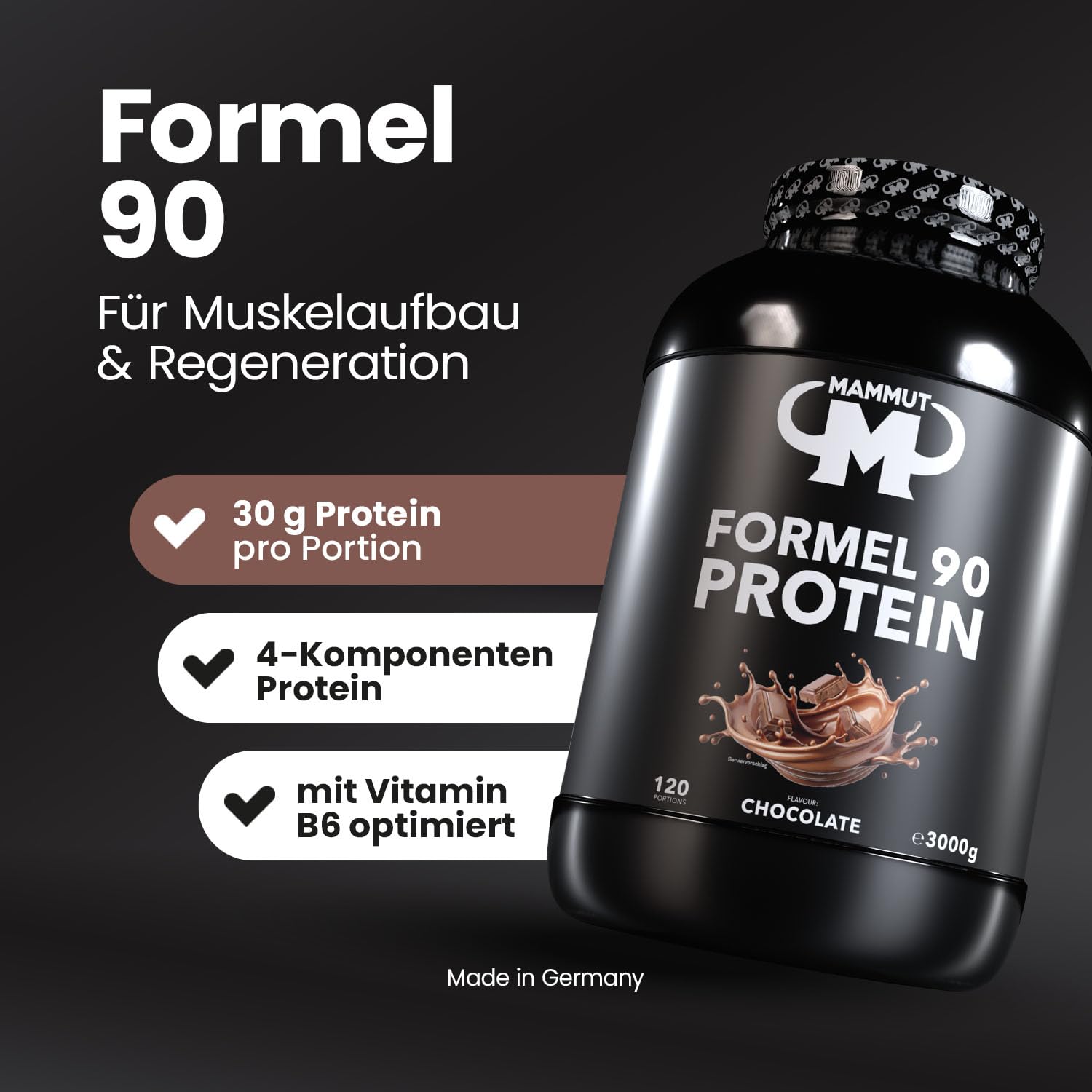 Mammut Nutrition Formel 90 Proteinpulver Schoko – 3kg – 4-Komponenten Whey Protein Pulver mit Sojaproteinisolat, Milchprotein, Eiprotein & Vitamin B6 – 77% Eiweiß