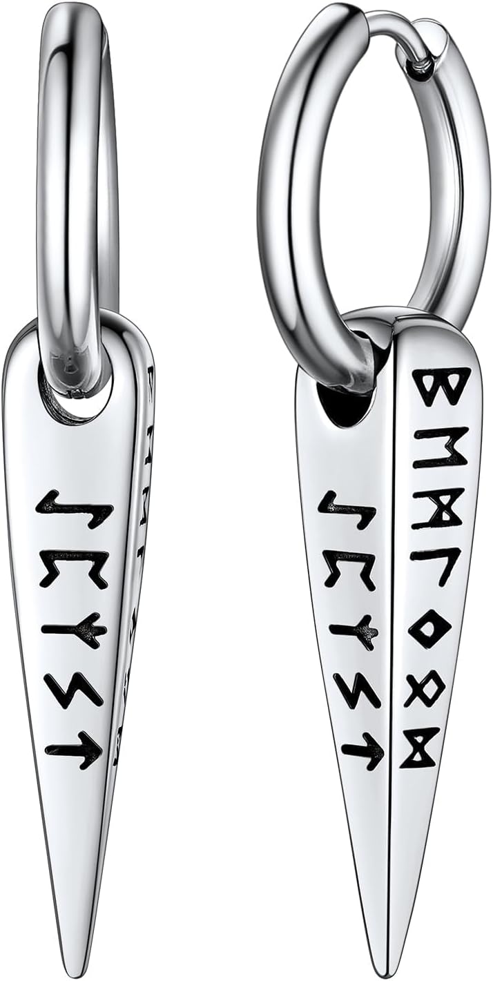 FaithHeart Norse Viking Runes Hoop Earrings for Men Hypoallergenic Stainless Steel Punk Huggie Hoop Earring Sturdy Norse Mythology Jewelry Gifts with Delicate Packaging