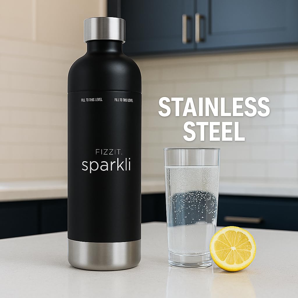 Máquina para hacer agua con gas y refrescos de acero inoxidable negro con 3 botellas de acero inoxidable negras de 1 litro reutilizables
