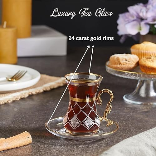 Miniatura 2 de Juego de 6 vasos y platillos de té turco vintage dorados para fiestas, para adultos, bandeja de café para bebidas, hervidor de agua, regalo de