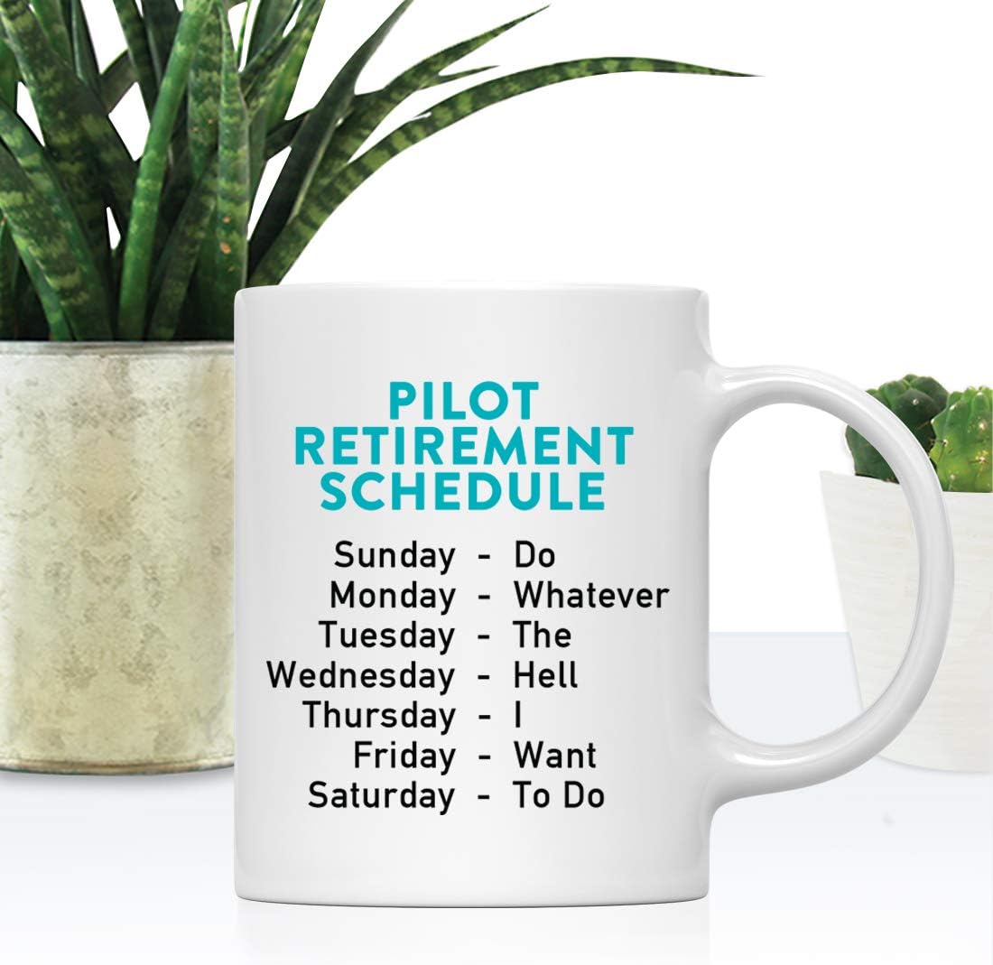 Andaz Press Funny Retirement 11oz. Coffee Mug Gag Gift, Pilot Retirement Schedule, 1-Pack, Coworker Boss Family Christmas Ideas, with Gift Box