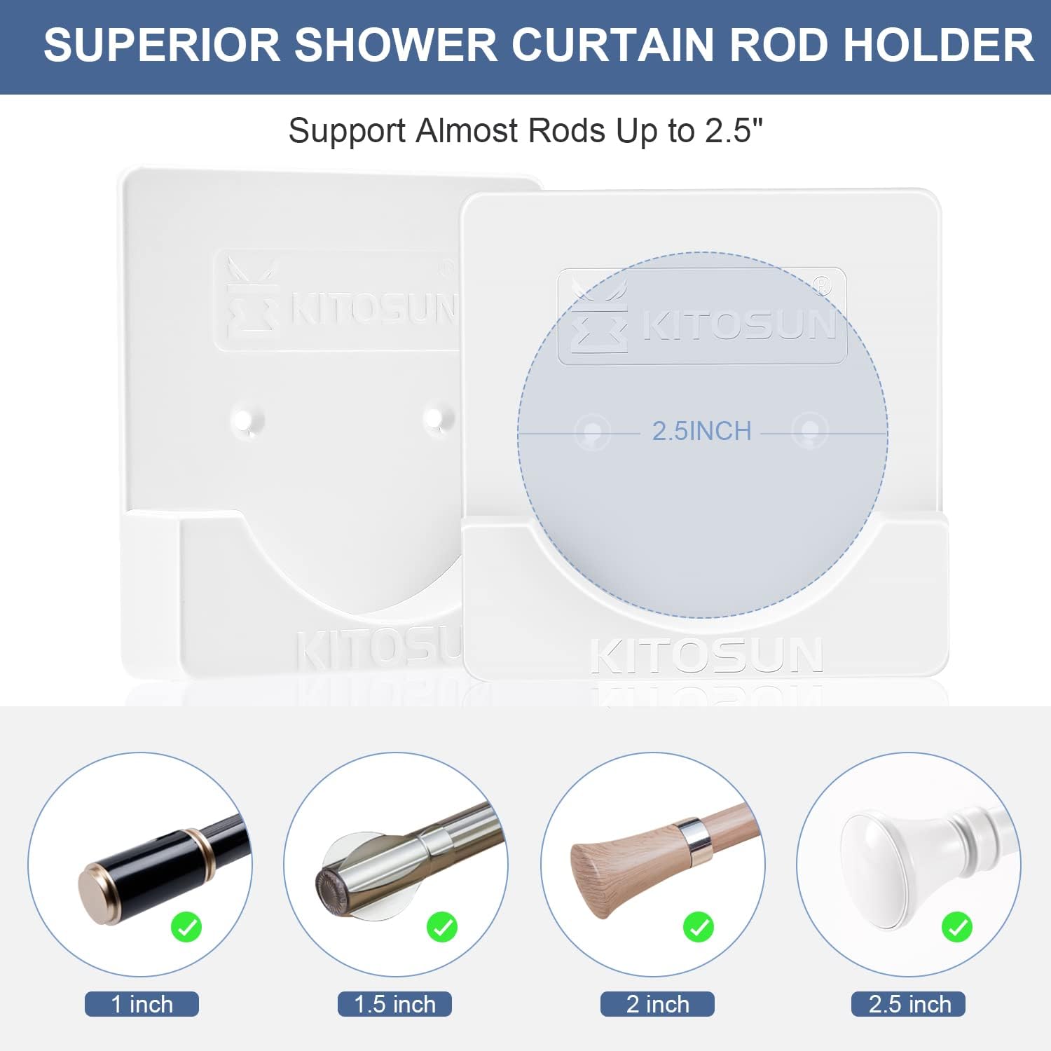 Shower Curtain Rod Holder Wall Mount – Bathroom Tension Pole Retainer Brackets with Adhesive Tape for Quick Stick and 304 Steel Screws for Drilling Installation 2.5” Wide 3/5” Deeper Rim (White)