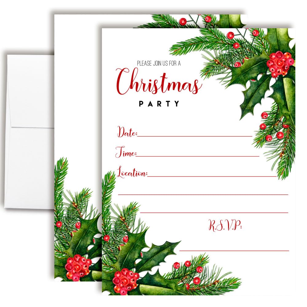 Christmas Invitations with Envelopes – Watercolor Holly and Pine Christmas Holiday Party, 20 Pack 5x7 Double Sided Fill-In Invite Cards with Twenty