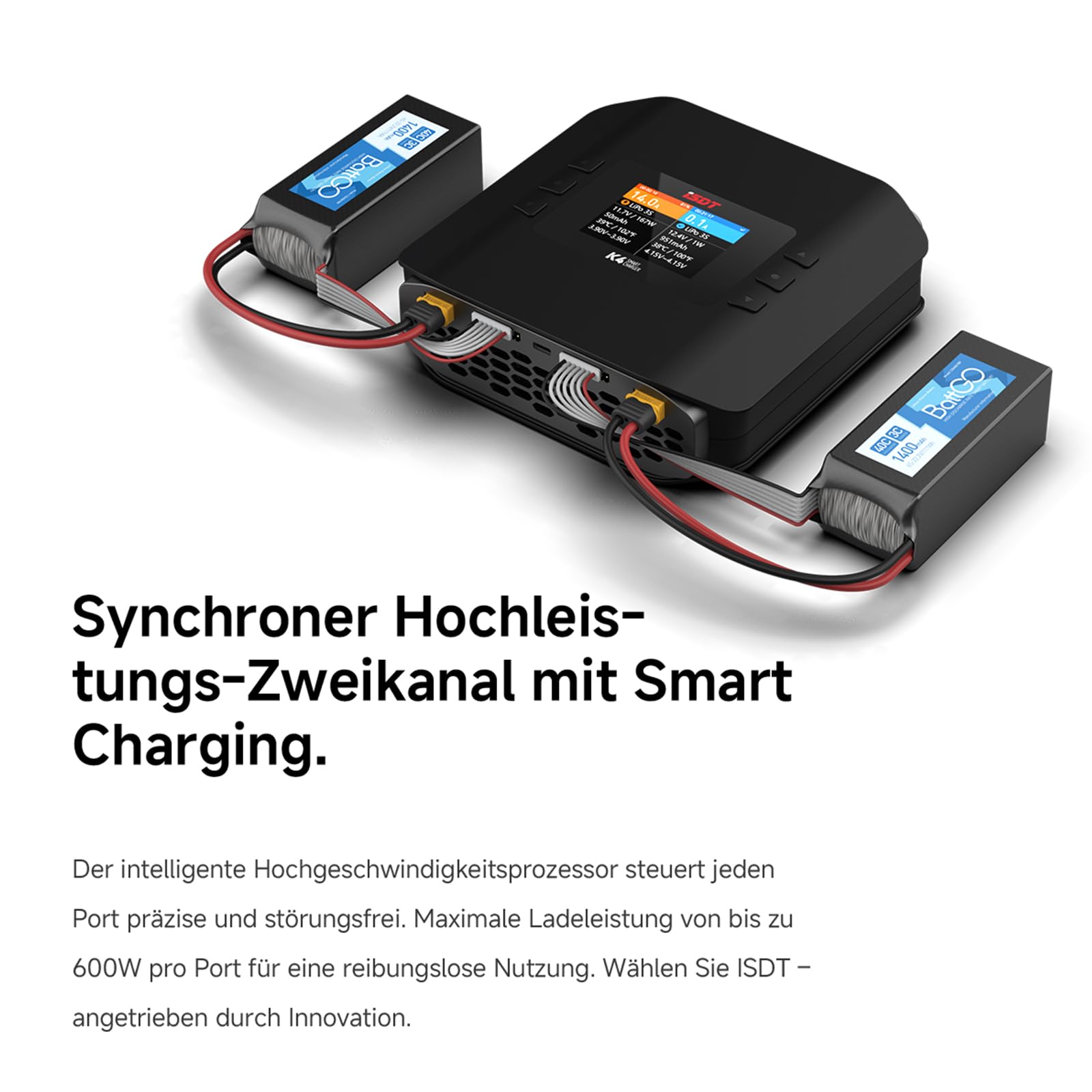 ISDT K4 Lipo Balance Ladegerät,Dual Port 1~8S 400~600W x 2 AC/DC Intelligentes Smart Batterie Multi-Ladegerät mit Entlader für Boot/-Flugzeug/Drohne/Airsoft/Modellbau