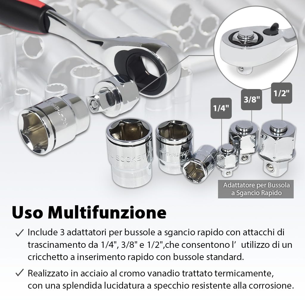 FIRSTINFO F32283 | Set Chiavi a Cricchetto Passanti Profilo Basso 52 Pezzi | SAE/Metriche | 1/4", 3/8", 1/2"