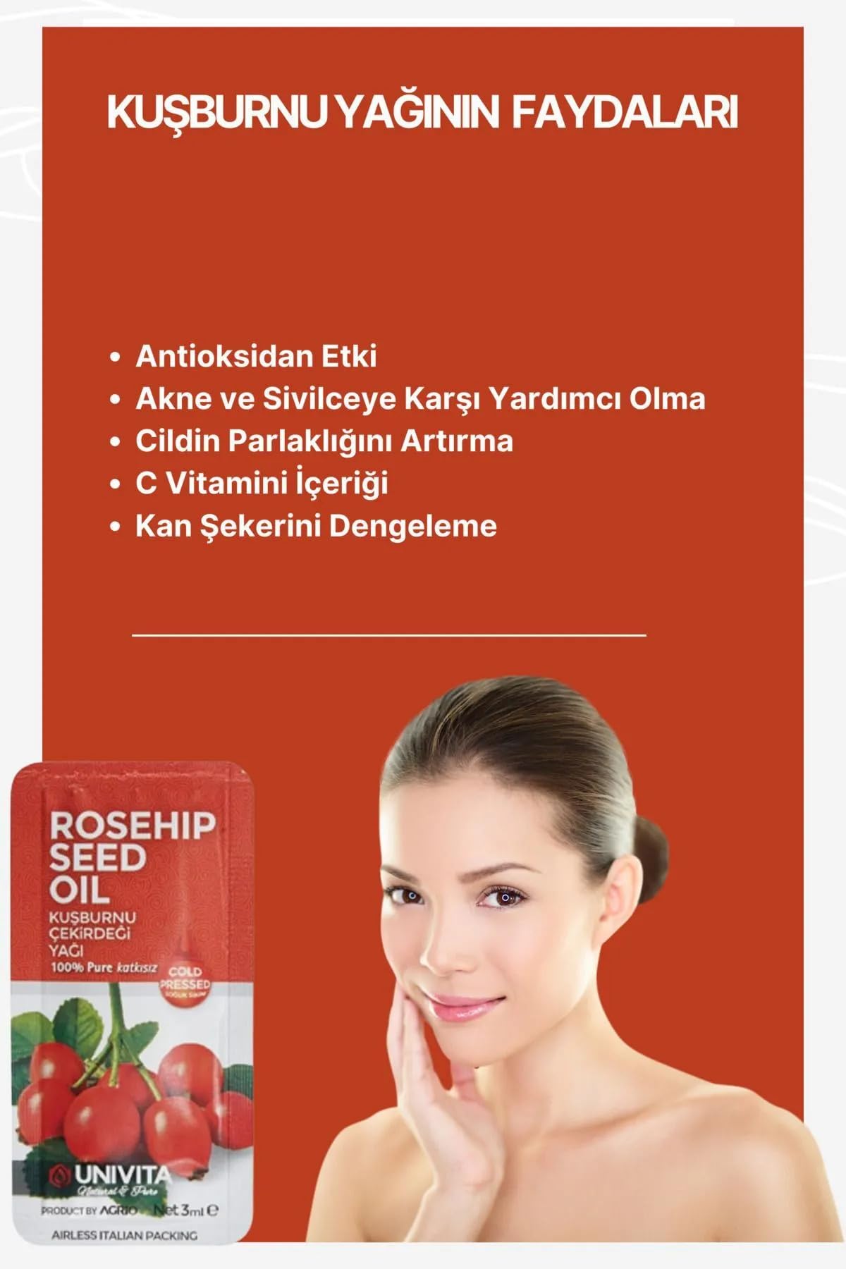 UNIVITA %100 Doğal Soğuk Sıkım Kuşburnu Çekirdeği Yağı - Rosehip Seed Oil 3 ml X 6 Adet