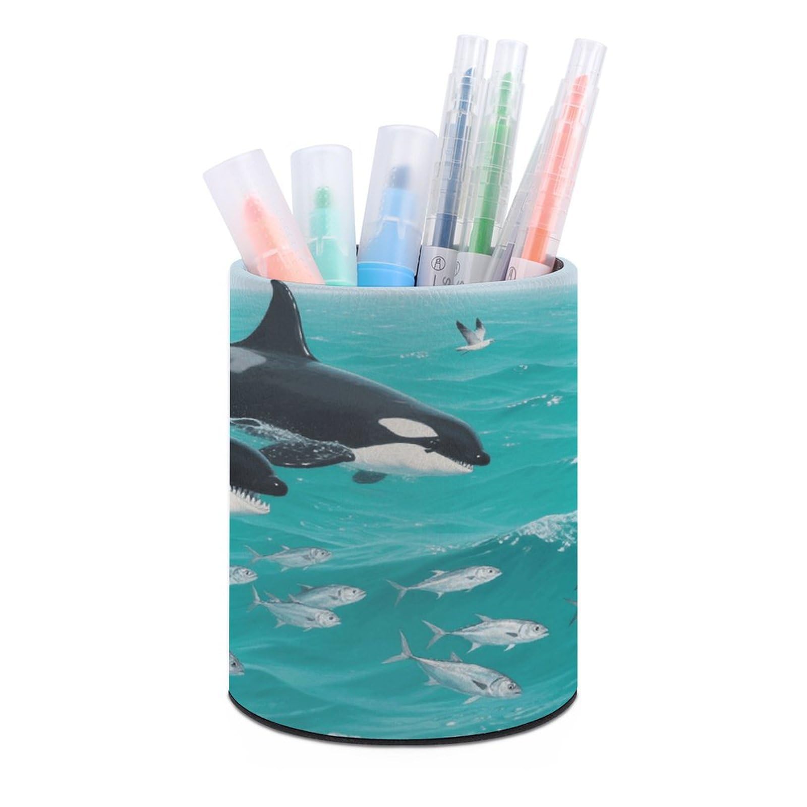 VstaDank Underwater Whale Pen Holder Round Pencil Holder Cup Pen Container PU Leather Desk Organizer Stand Decor Brush Scissor Holders Decoration Office Desk Home (3.1 X 3.9 Inches)