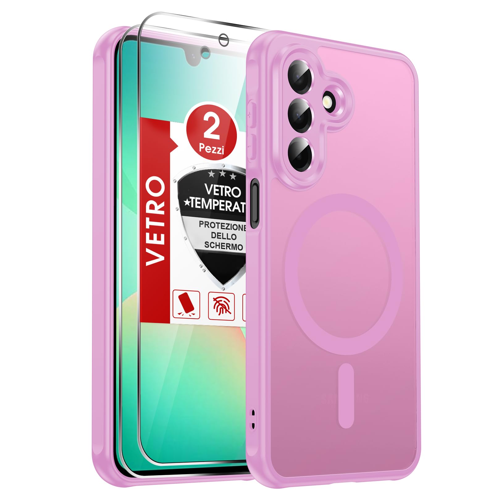 LeYi Cover Magnetica per Samsung Galaxy A27 5G con Vetro Temperato(Rosa) | Custodia per Galaxy A 27 Traslucida Opaca Anti-Impronte Resistente Antigraffi TPU Bumper Antiurto Protettiva Case