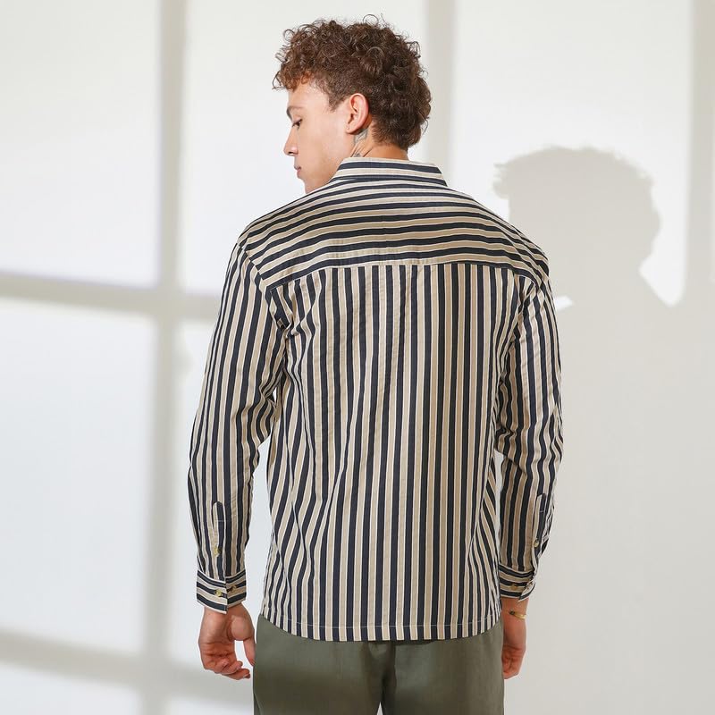 Image of CAHOOT Men's Multitrack Striped Oversized Shirt for Casual Wear | Spread Collar | Long Sleeve | Button Closure | Oversized Shirt Crafted with Comfort Fit for Everyday Wear