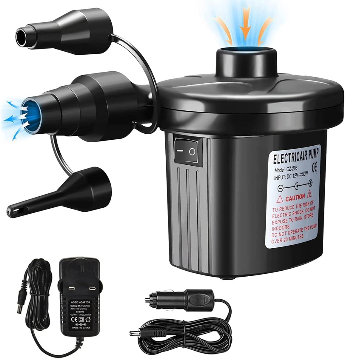 INAROCK Portable QuickFill Electric Air Pump with 3 Nozzles, 240V AC/12V DC, Perfect Inflator