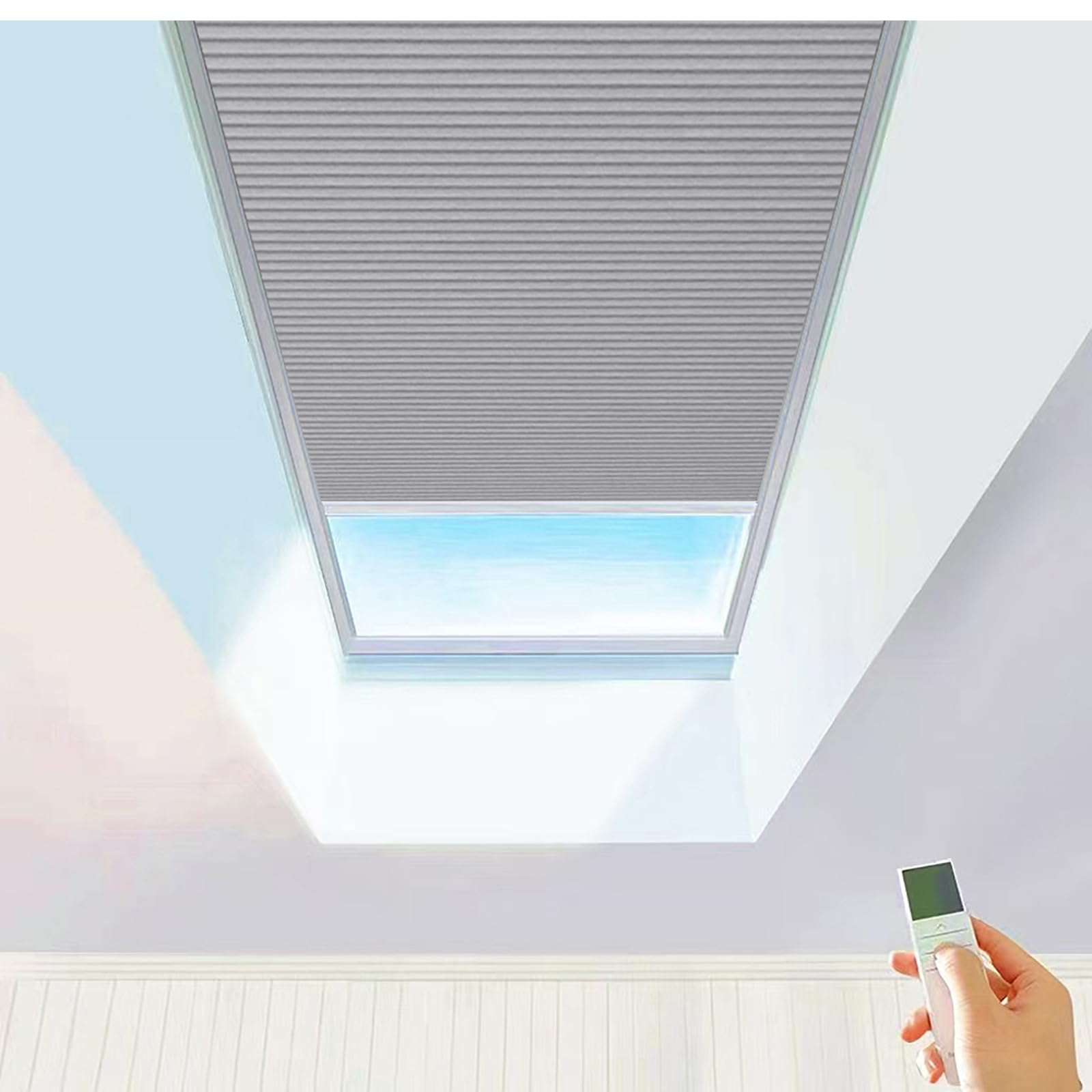 Tipiace Lihgt Grey Hard-Wired Motorized Skylight Roof Window Cellular Honeycomb Full Blackout Waterproof Blinds Curtain Suitable Skylight Glass Room Sloping Roof Room ( 93021E)