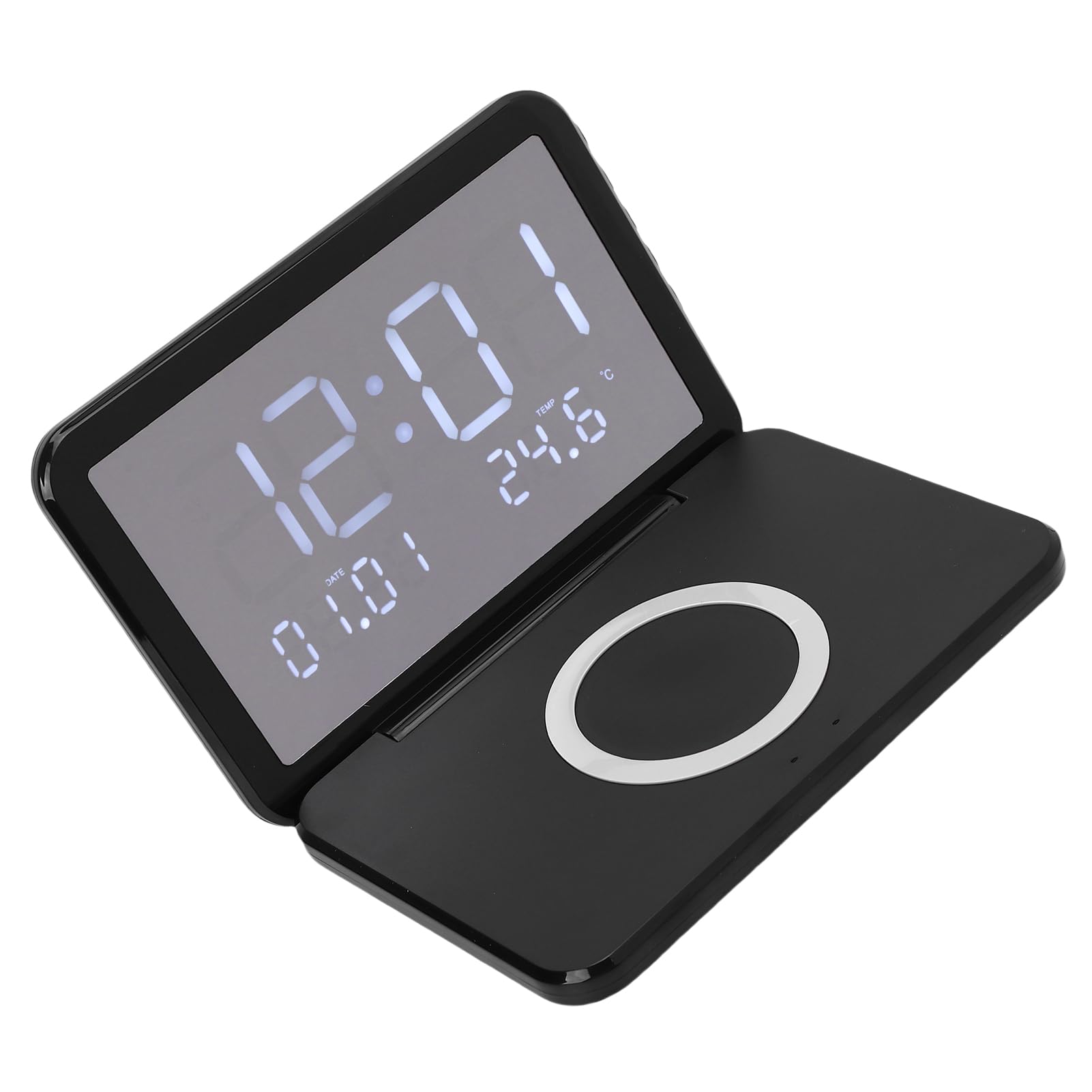 ANCHE Digitale con Ricarica Wireless, Orologio Elettronico a Specchio a LED con Coperchio a Fritta, Ricarica Rapida da 15 W, luminosità Regolabile per Camera da Letto (BLACK)