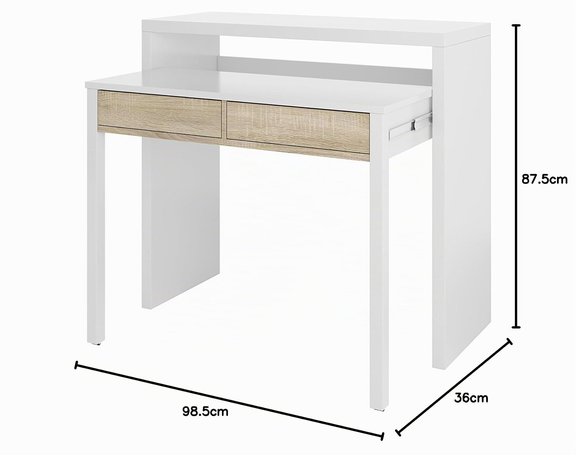 Bricozone Scrivania Estensibile Salvaspazio Con 2 Cassetti Consolle Allungabile Per Ufficio Casa Cameretta Design Moderno In Laminato Resistente Con Guide Metalliche E Ruote Bianco E Rovere Chiaro