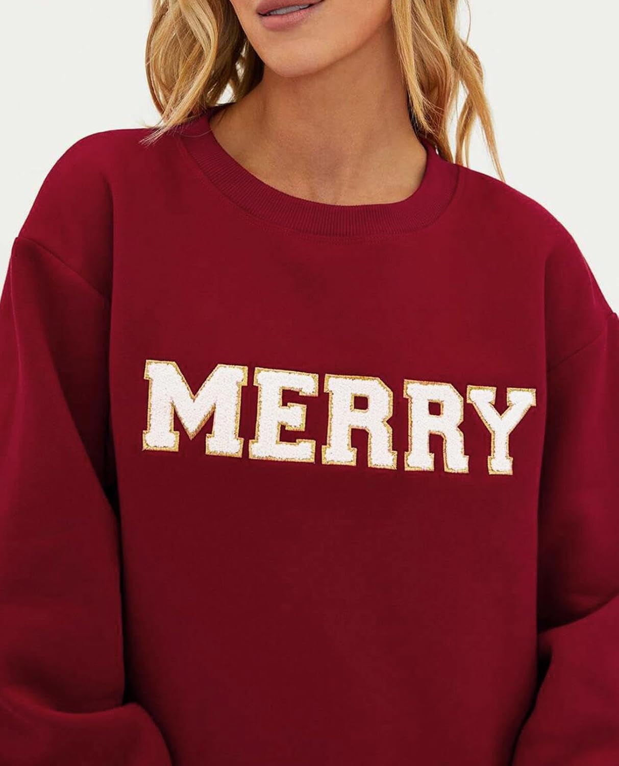 Gihuo Christmas Sweatshirts for Women Glitter Patch Merry Letter Shirts Chenille Oversized Pullover Tops - Image 3
