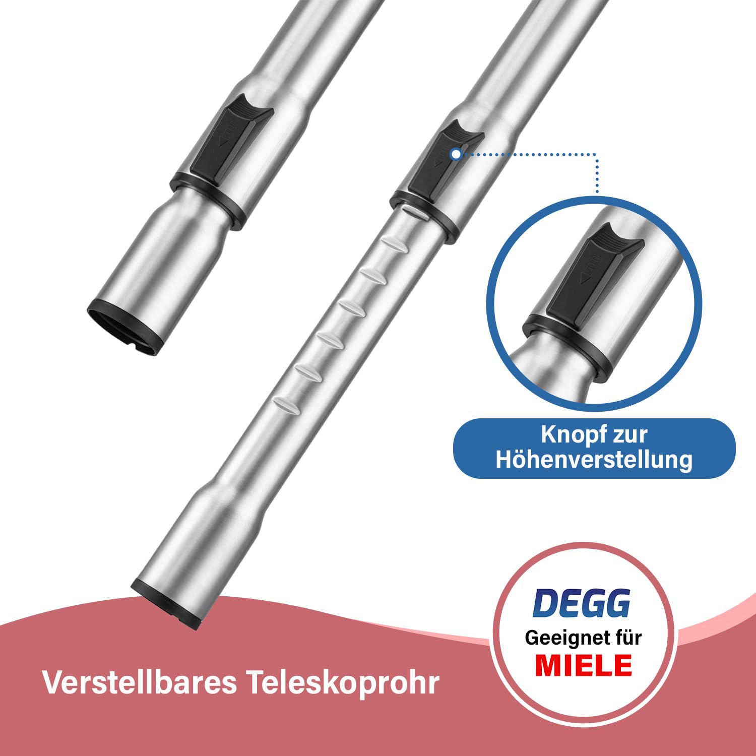 DEGG Teleskoprohr - Kompatibel mit Miele Staubsauger 35mm mit Klicksystem, Edelstahl Teleskopstange Teleskopstab für Classic C1, Complete C2 & C3, Guard S1, M1 & L1 Staubsaugerrohr Saugrohr