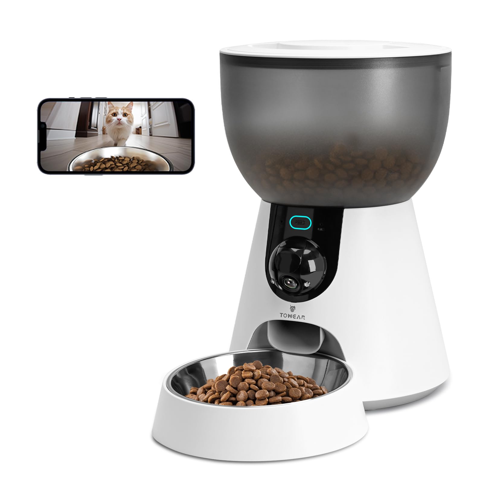 Automatic Pet Feeder with Camera, 5GHz/2.4GHz WiFi Cat Feeder, 4L Capacity, 1-10 Meals/Day with Low Battery Reminder, Two-Way Voice with 304 Stainless Steel Bowl (With Camera)