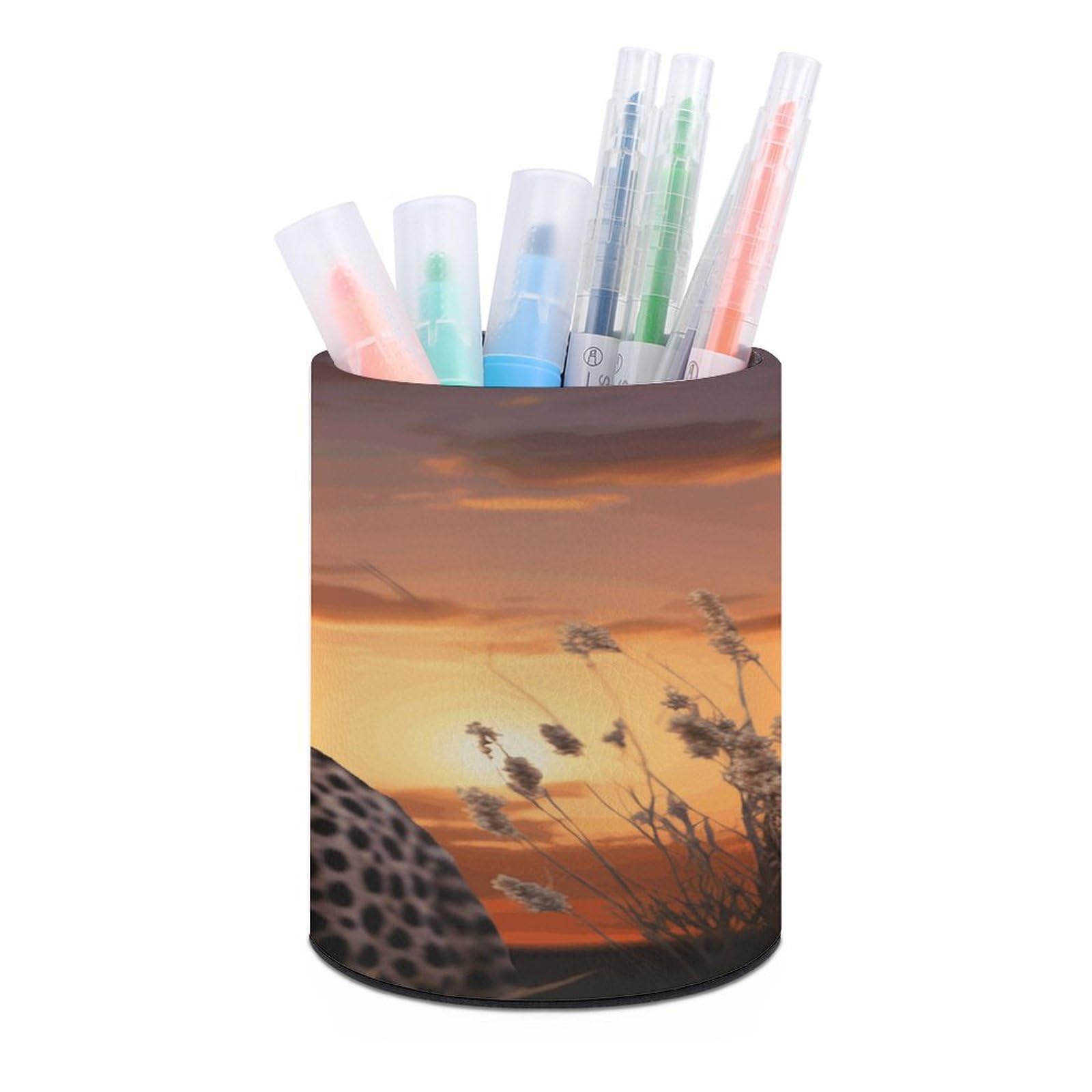 VstaDank Cheetah Looking Out Over Savanna with Sunset Pen Holder PU Leather Pencil Cup Minimalist Desk Pencil Holder Round Make Up Brush Organizers For Office Dorm Room&Vanity Desk Accessories