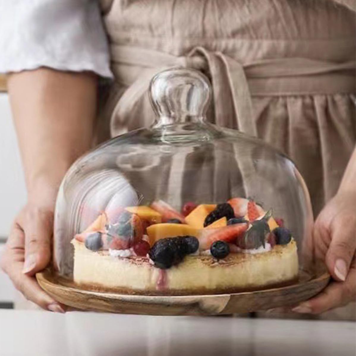 Porta Dolci in Legno Coperchio, Vassoio Dessert 1 Pezzo | Vetro a Cupola, Forma a Vassoio, per Esposizione e Conservazione su Tavolo