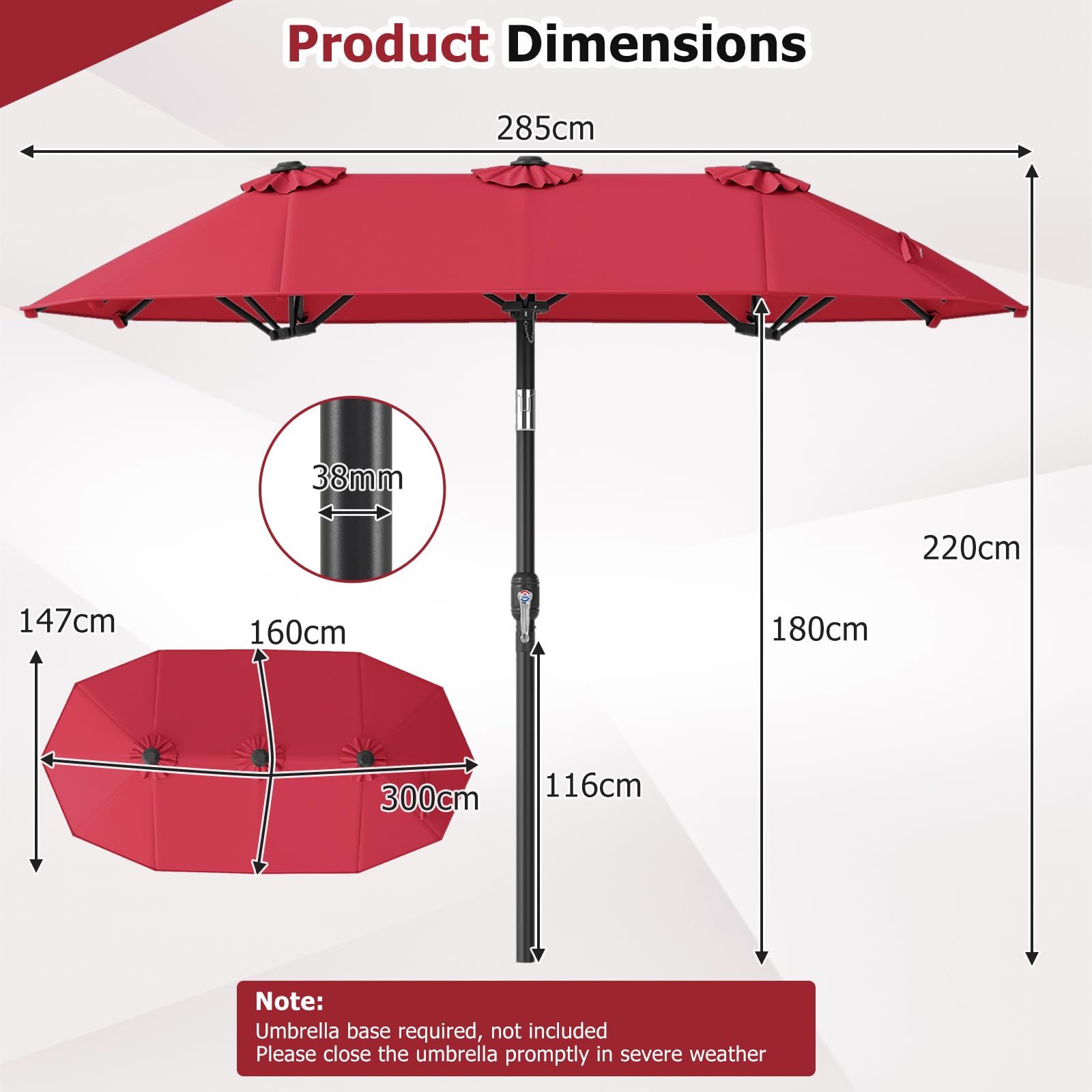 FANTASK Doppelsonnenschirm, 300x150cm, Gartenschirm knickbar mit Kurbel, Doppel Sonnenschirm, Marktschirm, Terrassenschirm für Garten, Terrasse, Balkon (Rot)