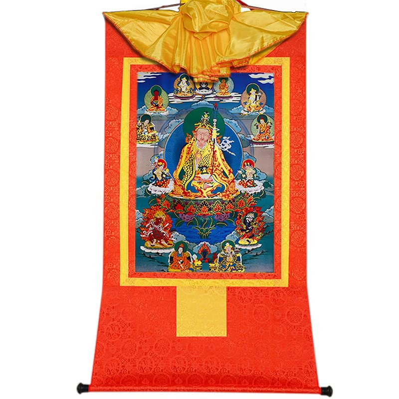Gandhanra Tibetan Buddhist Thangka Wall Hanging,Guru Rinpoch Thangka,Padmasambhava,Hot Stamped Brocade Buddhist Tapestry for Zen Home Decor, Meditation, Spiritual Relaxation