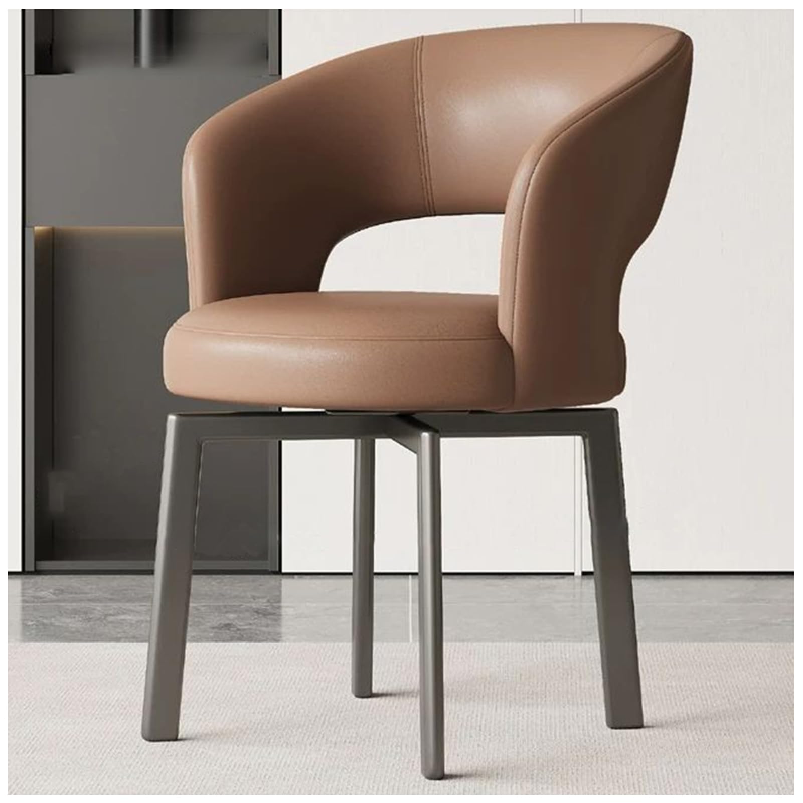 Chaises fauteuil salle à manger en cuir vintage et métal noir