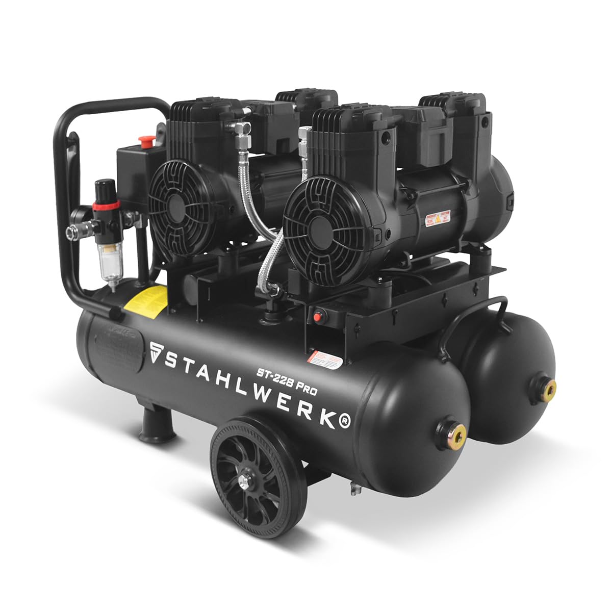 STAHLWERK Compresor con tanque de 22 L (ST-228 Pro) – sin aceite y silencioso, 8 bar, compresor de aire con motores sin escobillas, 3,54 CV, 2,6 kW, 410 l/min, compresor de pistón silencioso