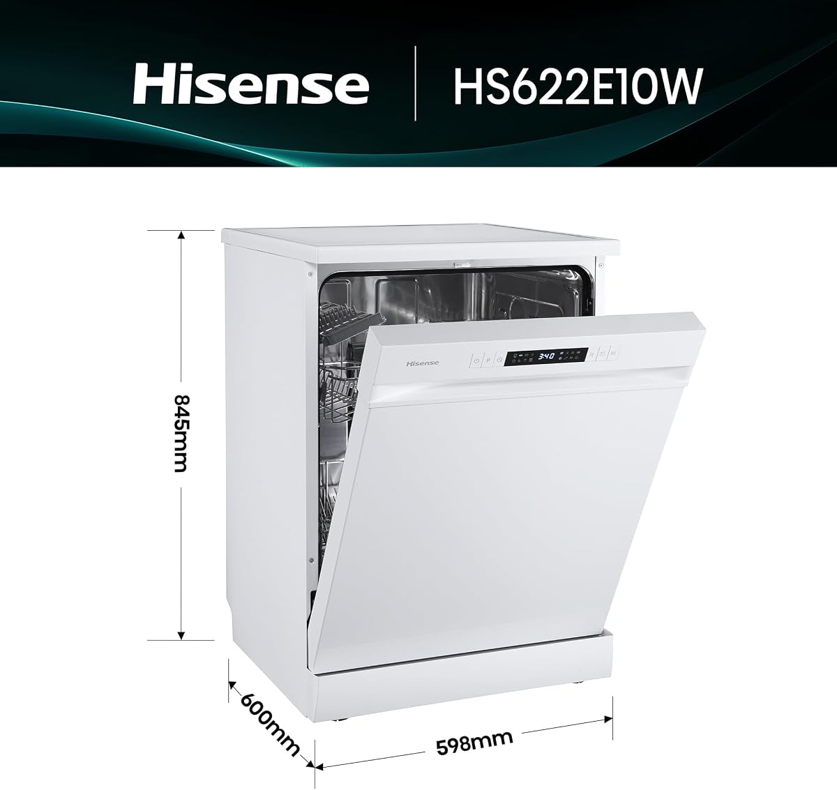 Hisense HS622E10W - Lavavajillas, Capacidad para 13 servicios, 60 cm, Programa ECO, Silencioso, 2, Filtro autolimpiable, Contador digital, Libre instalación, Blanco
