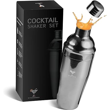 KITESSENSU Cobbler Cocktail Shaker - 24oz Martini Shaker with Strainer - Premium 18/8 Stainless Stee Drink Mixing Shaker with Recipes Booklet - Black