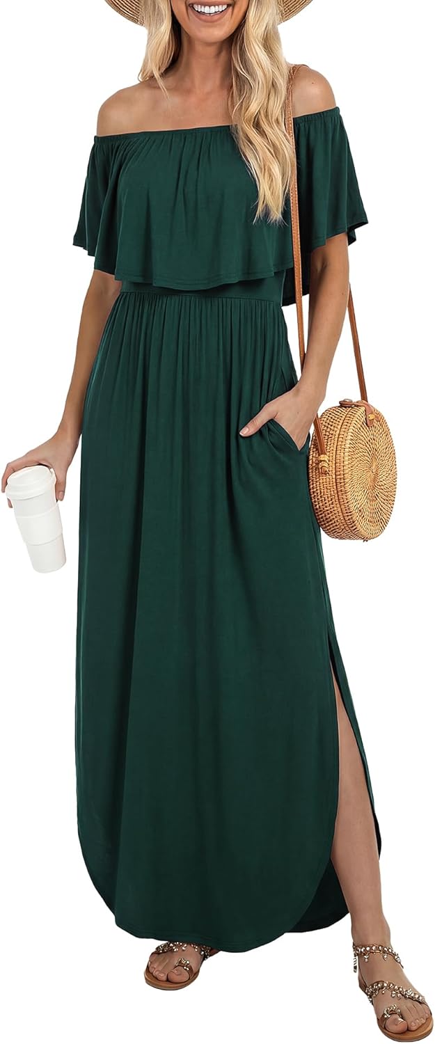 LILBETTER Womens Off The Shoulder Ruffle Party Dresses Side Split Beach Maxi Dress