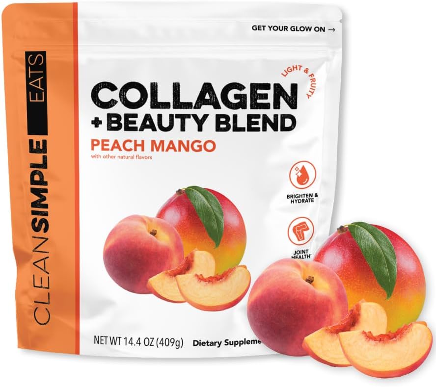 Clean Simple Eats Peach Mango Super Collagen, Grass-Fed, Hydrolyzed Types I, II, & III Collagen, 30 Servings