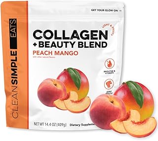 Clean Simple Eats Collagen Powder + Beauty Blend, Peach Mango, 11G Hydrolyzed Collagen Peptides from Grass Fed Bovine & Chicken, Hyaluronic Acid for Hair, Skin, Nail & Joint Support, 30 Servings