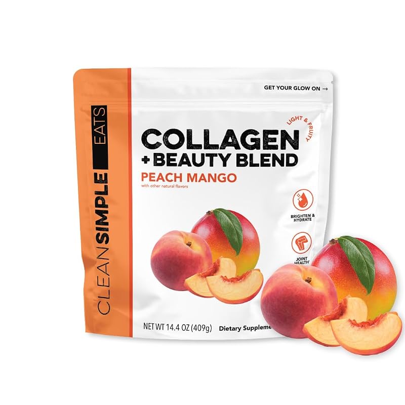 Clean Simple Eats Colágeno hidrolisado em pó com ácido hialurônico, 11 g por porção, sabor pêssego e manga, 30 porções