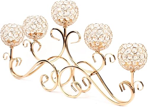 Miniatura 4 de Portavelas de cristal dorado centro de mesa de candelabro de 5 brazos para decoración de mesa de boda centros de mesa de boda dorados para el hogar