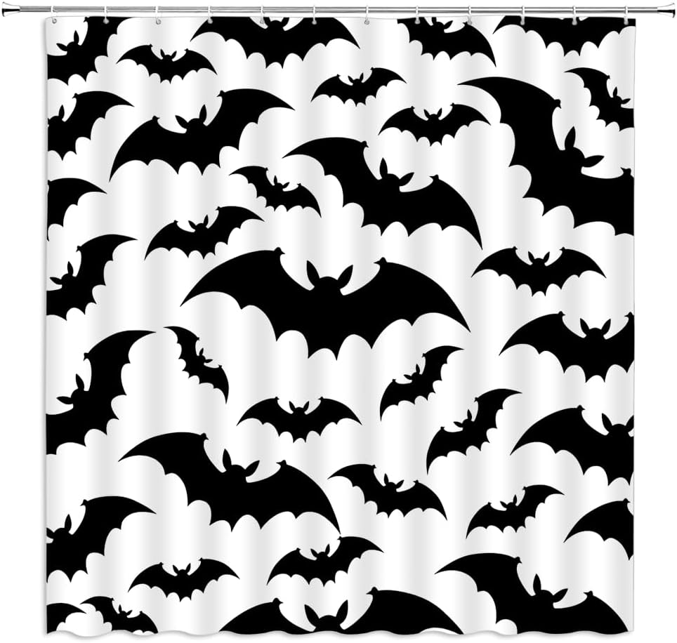 Halloween Spooky Bat Shower Curtain Horror Black Flying Bats on White Scary Cartoon Fabric Bathroom Decor Curtains with Hooks,82 x 70