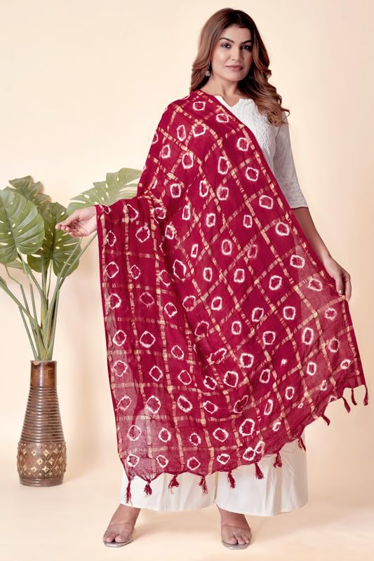 Image of Women Bandhani Dupatta | Traditional Chunri Print with Decorative Border | Lightweight Ethnic Stole for Festive and Wedding Wear