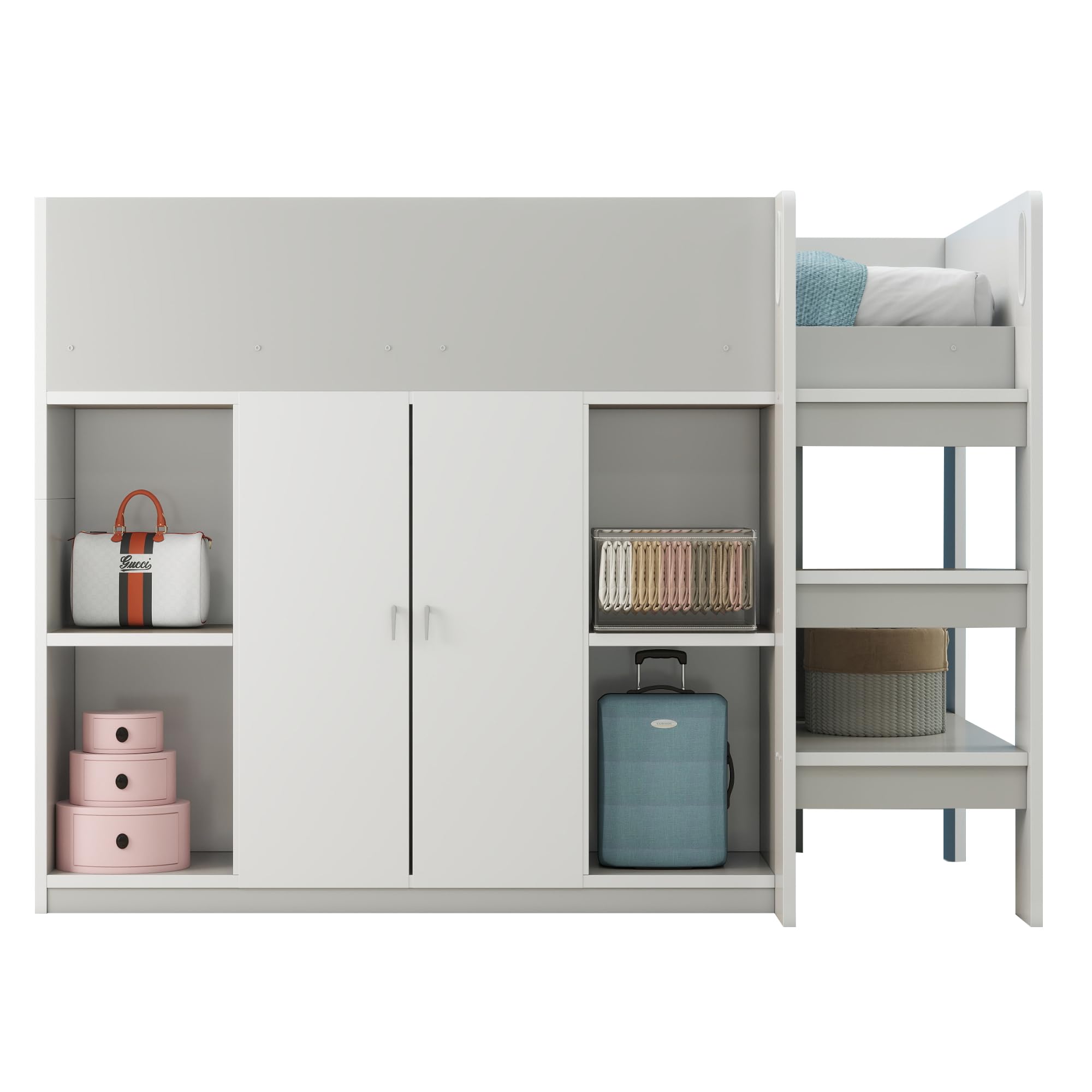 Azkoeesy Letto a Soppalco Singolo con Armadio, 90x200 cm, Spazio di Archiviazione, Scale, Ringhiera e Doghe, per Adolescenti e Adulti, in Truciolame, Grigio